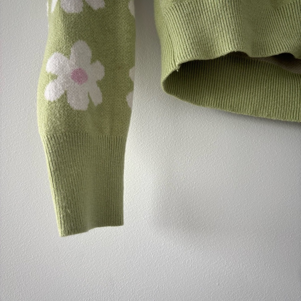 Willow & Wind Cropped Daisy Green Buttoned V-Neck Floral Retro MCM Cardigan S - Picture 4 of 7